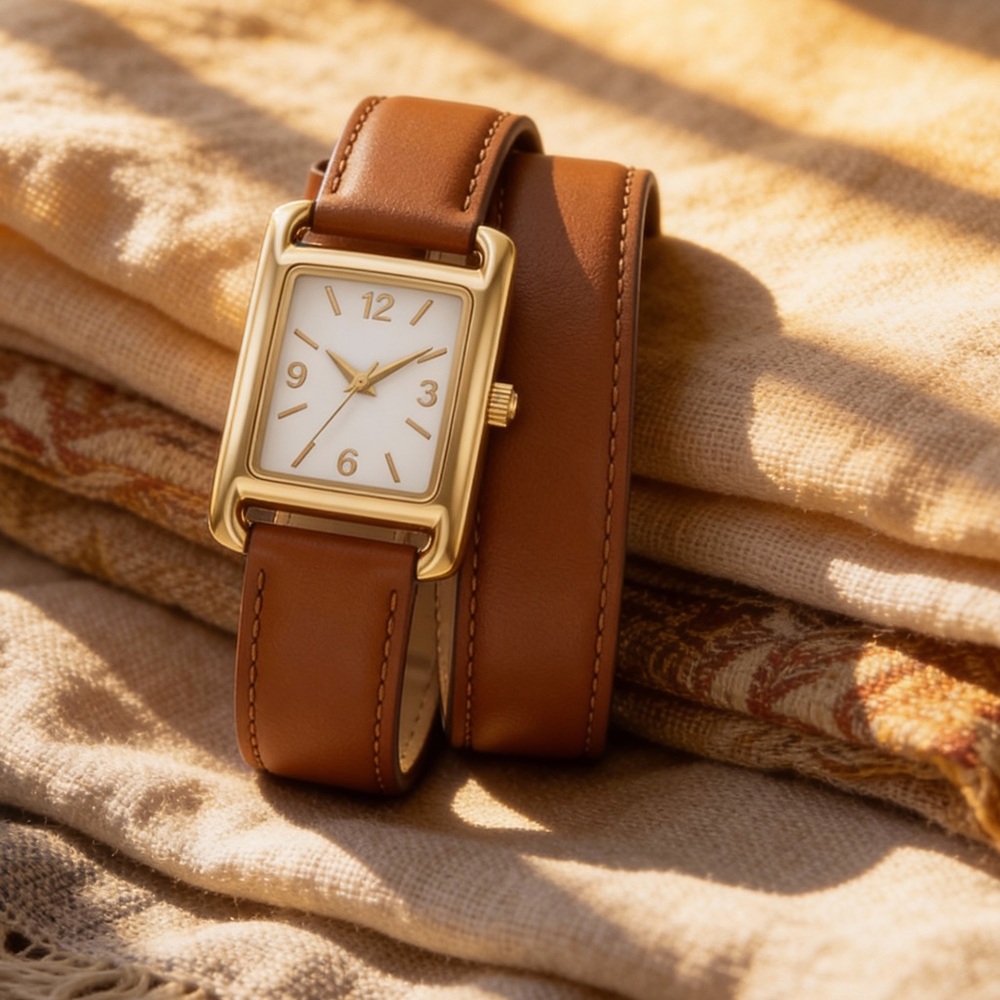 Trendy Double-Wrap Gold Rectangular Watch Brown L… - image 1